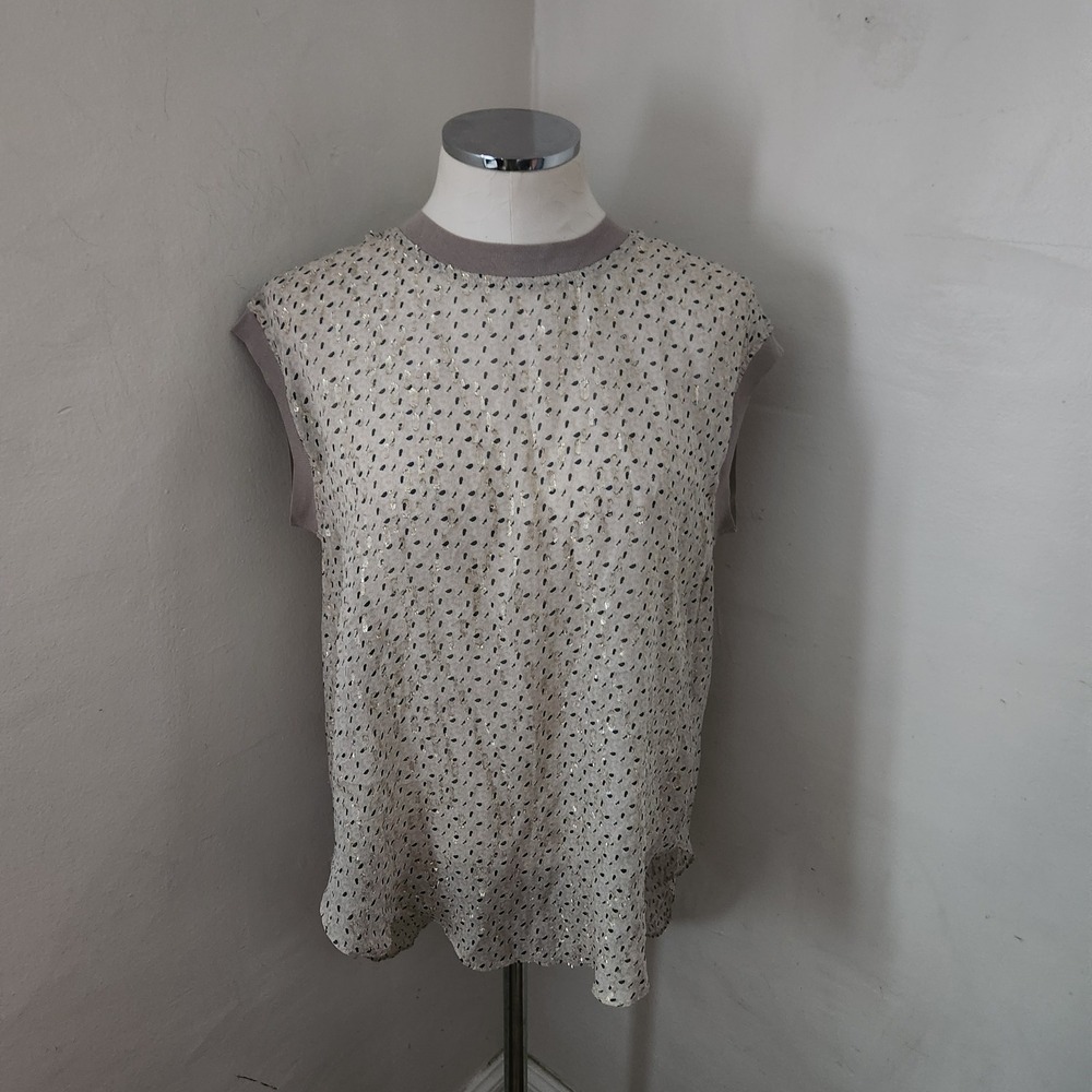 By Malene Birger Omella Silk Blend Metallic Gold Print Top Beige 36